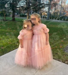Light Pink Young Girl New Dress Mesh Short Sleeves For Wedding Birthday Child First Communion Prom Custom Evening Dress