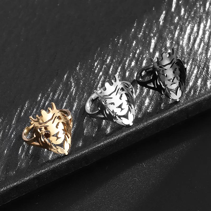 Stainless Steel Glossy Lion Animal Open Adjustable Ring Suitable for Men and Women Fashion Hip Hop Personality Punk Jewelry