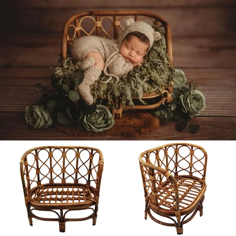 Newborn Photography Props Vintage Nostalgia Baby Bamboo Bench Handmade Rattan Basket Chair Studio Baby Photoshoot Accessories