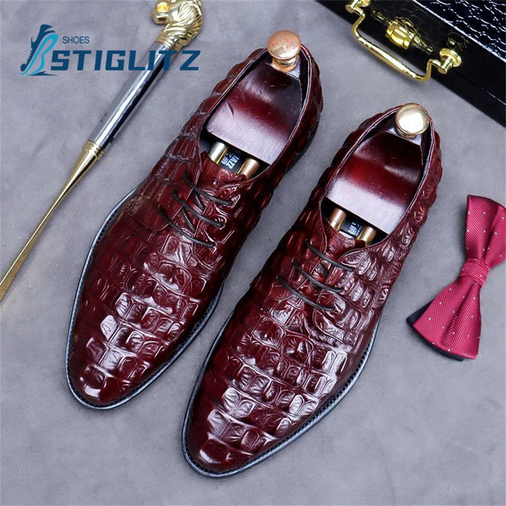 Crocodilo em relevo com cadarço Oxfords, mocassins de couro genuíno masculino, sapatos rasos de dedo do pé redondo, roupa formal, casual