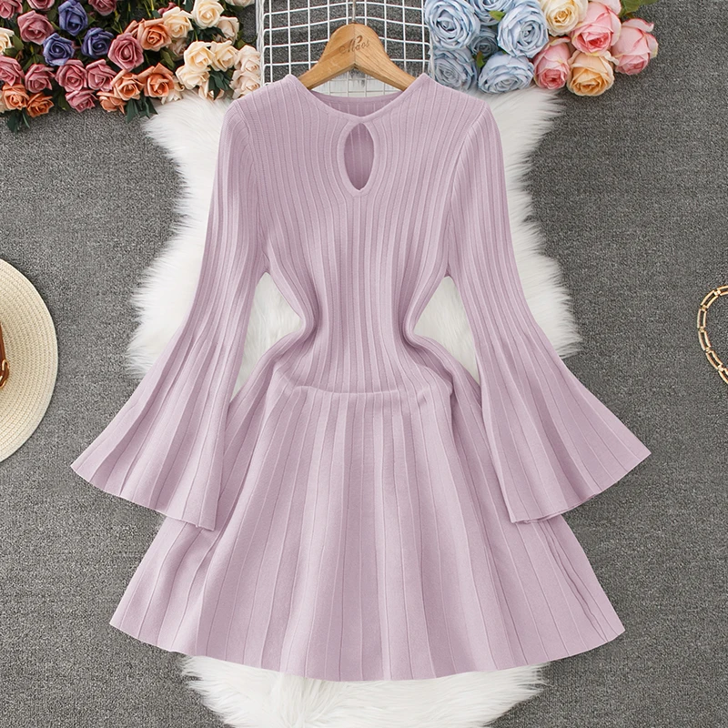 sweet Basic Slim Flare Sleeve knit o neck Dress  Vintage Korean Fashion Knit Vestido Women summer dresses