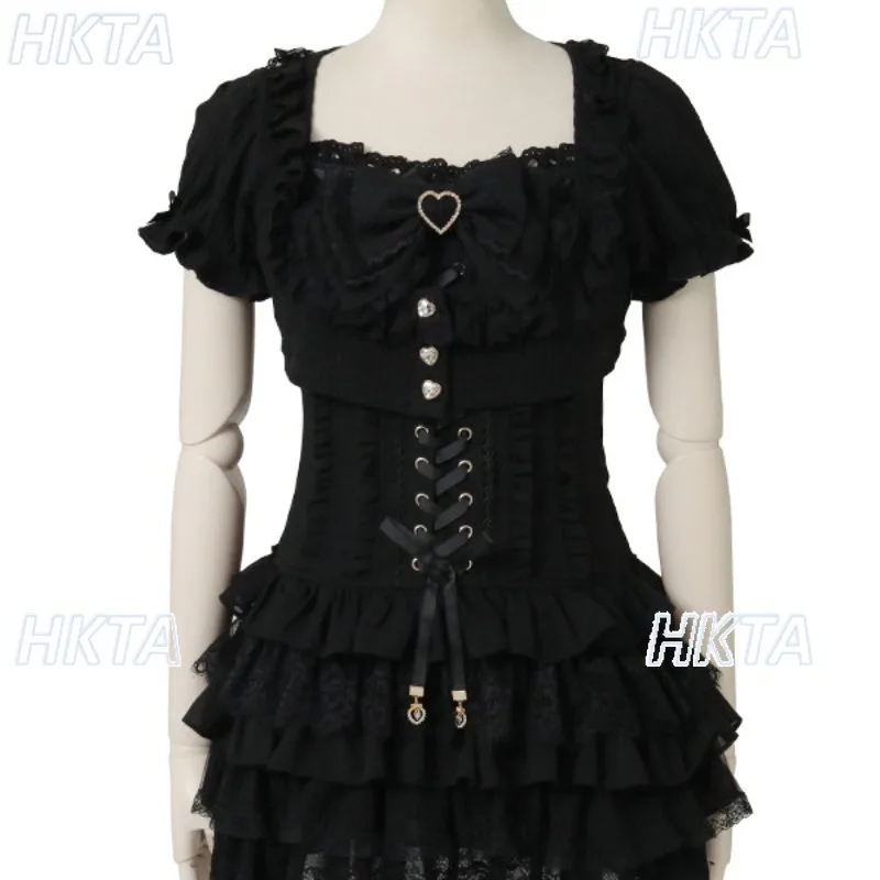 Liz Japanese Sweet Lolita Knitted Short-sleeve Cardigan Top Dress Women Floral Ruffle Puff Sleeve Sundress Dress Princess Outfit