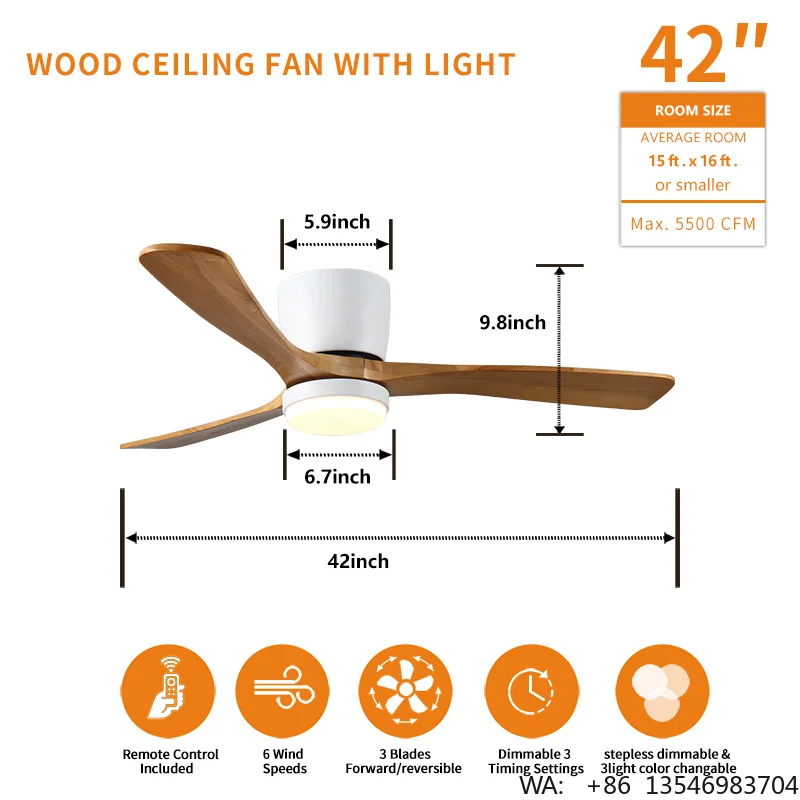 Factory Direct Wood Ceiling Fans with Lights and Remote Dimmable 3CCT Reversible BLDC Mfor Bedroom Living Roomotor 3 Blades