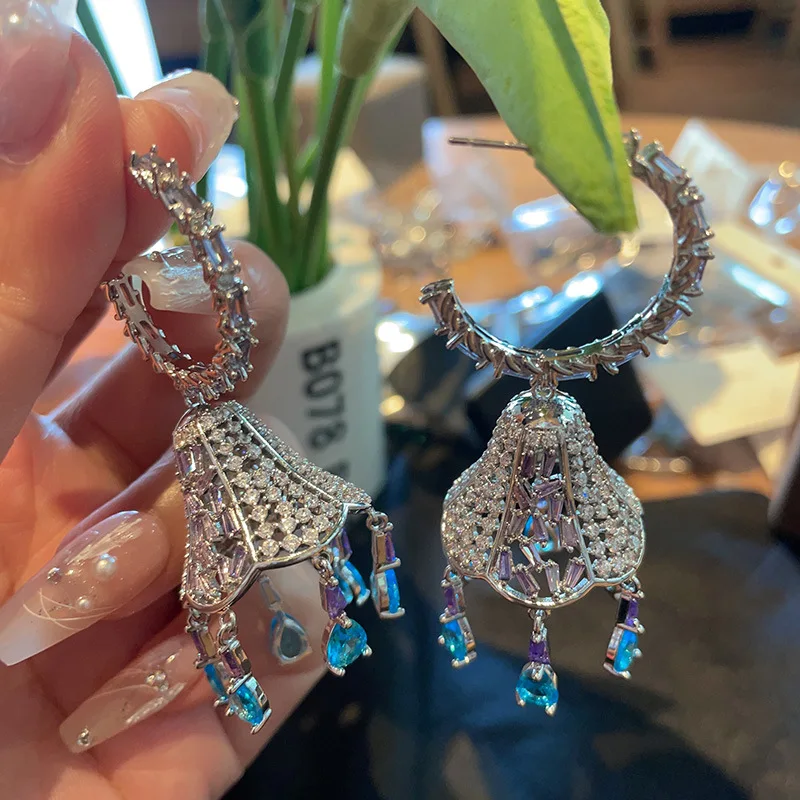 Bilincolor Colorful Zircon Wind Chime Tassel Water Drop Earrings