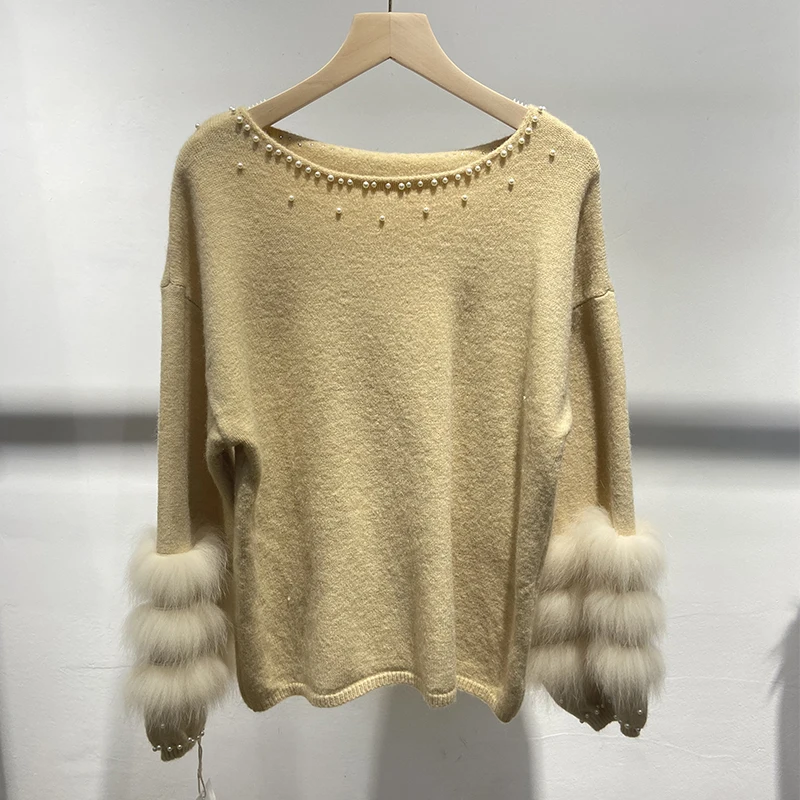 

2025 женский зимний толстый верблюжий натуральный лисьий мех женский модный осенний свитер вязаное пальто