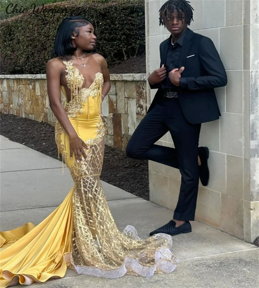 Luxury Gold Sequin Prom Dresses See Through Nigeria African Mermaid Evening Gowns Applique Lace Formal Birthday Gown Customized