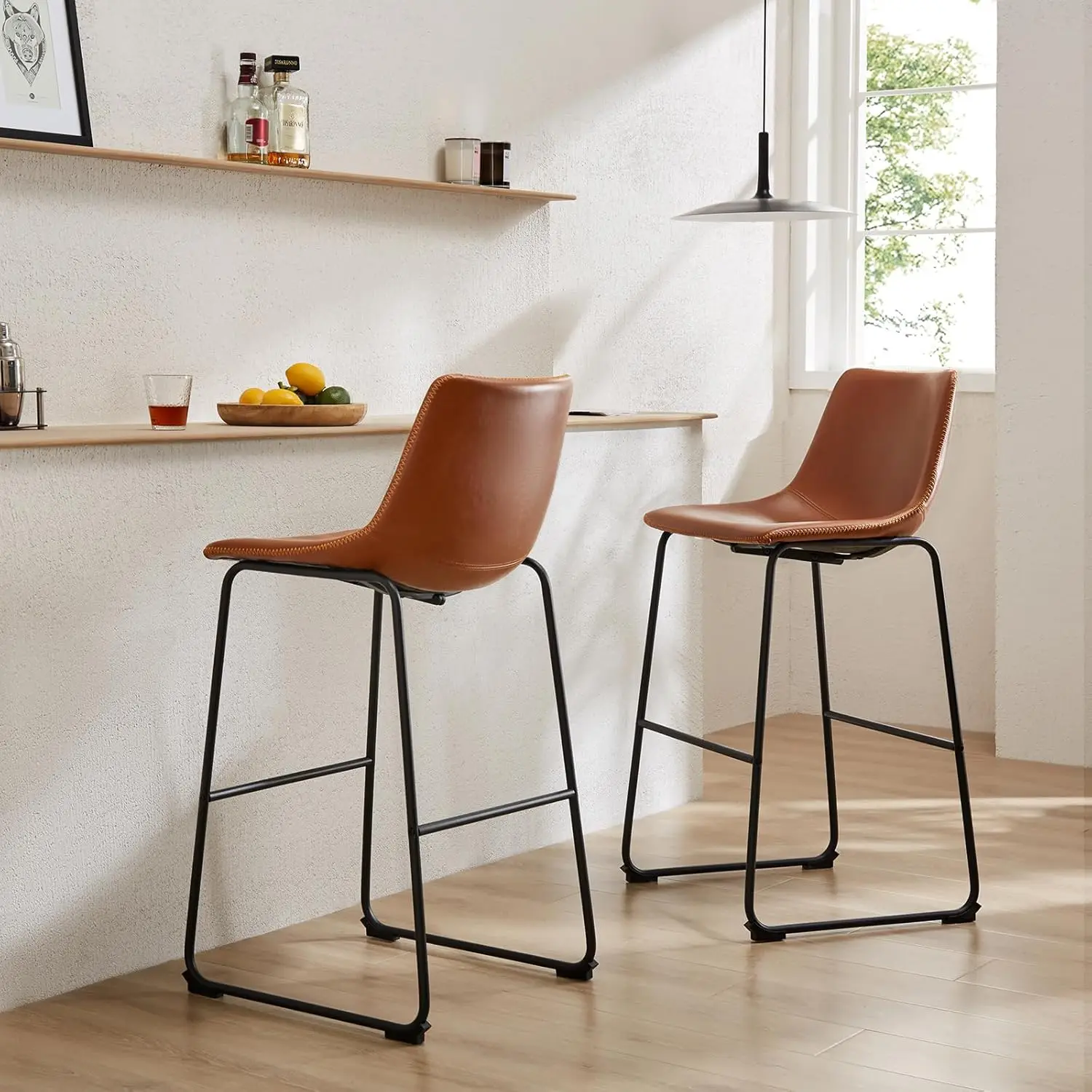 

Set of 2 Brown Faux Leather Bar Stools, 30 Inch Height, Armless Modern Chairs with Metal Legs for Kitchen Island