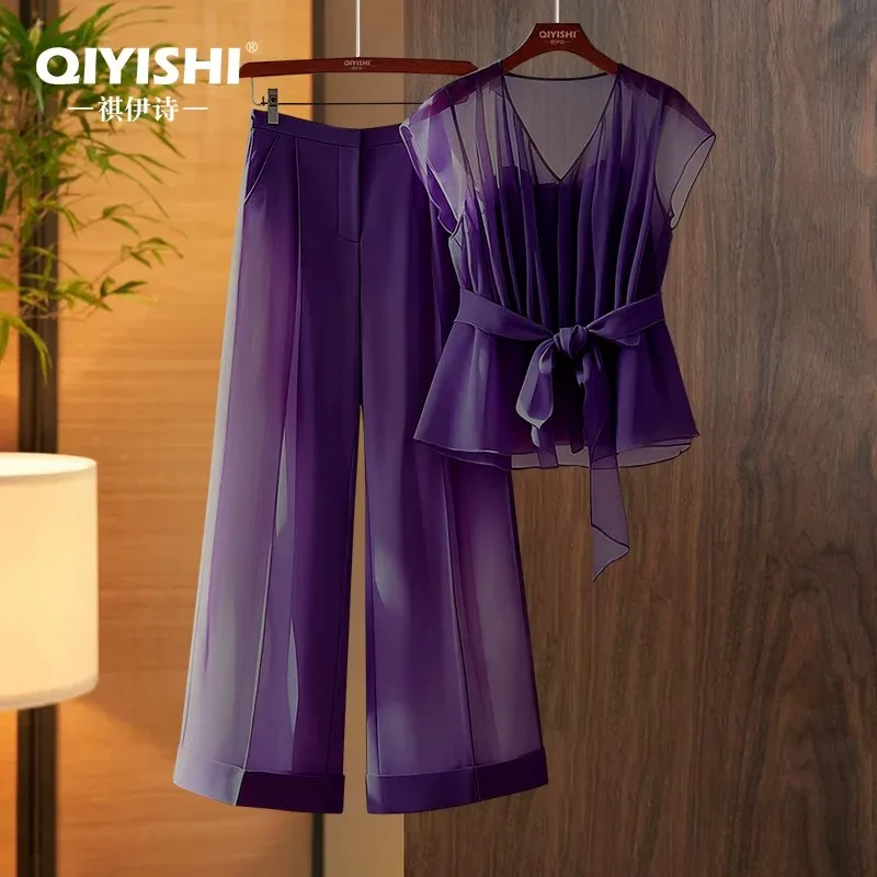 

Women Summer Lightweight Purple Chiffon Set Short Sleeve Top + Wide Leg Pants 2 Pieces Set Fashion Causal Outfits