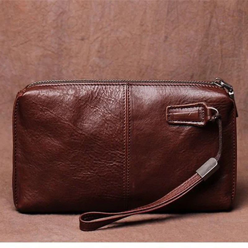 Men's Real Leather Vintage Clutch Bag Cowhide Long Wallet Credit Card Purse Small Money Bag Casual Phone Bag Leathfocus