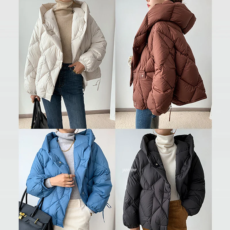 Winter New Fashion 90% White Duck Down Short Jacket Women Thick Warm Loose Cocoon Type Hooded Diamond Puffer Coat Outwear