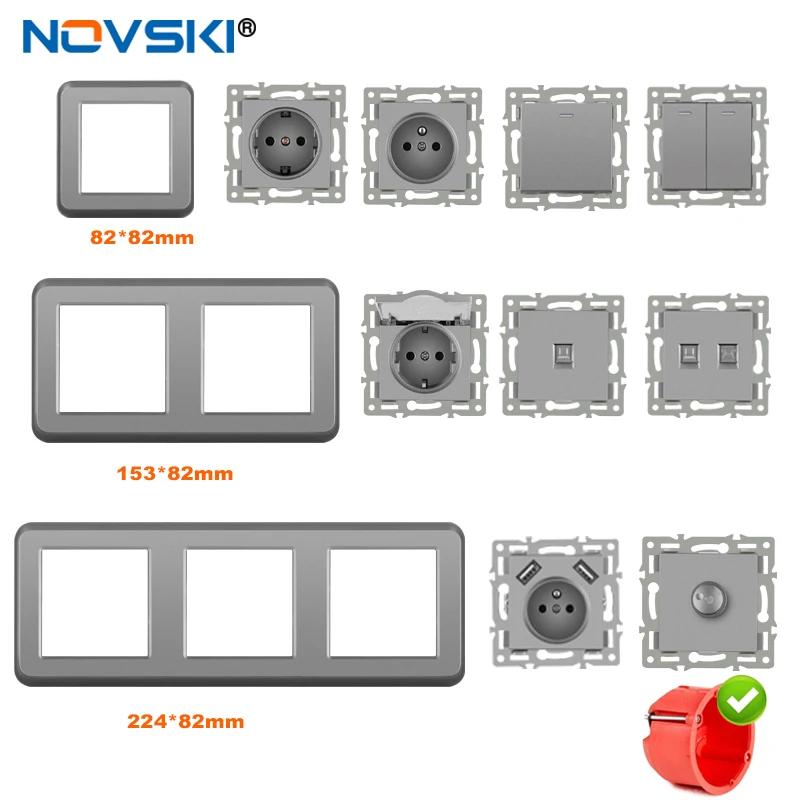 novski wall-mounted module diy European standard grey Plastic frame socket light switch button function combi