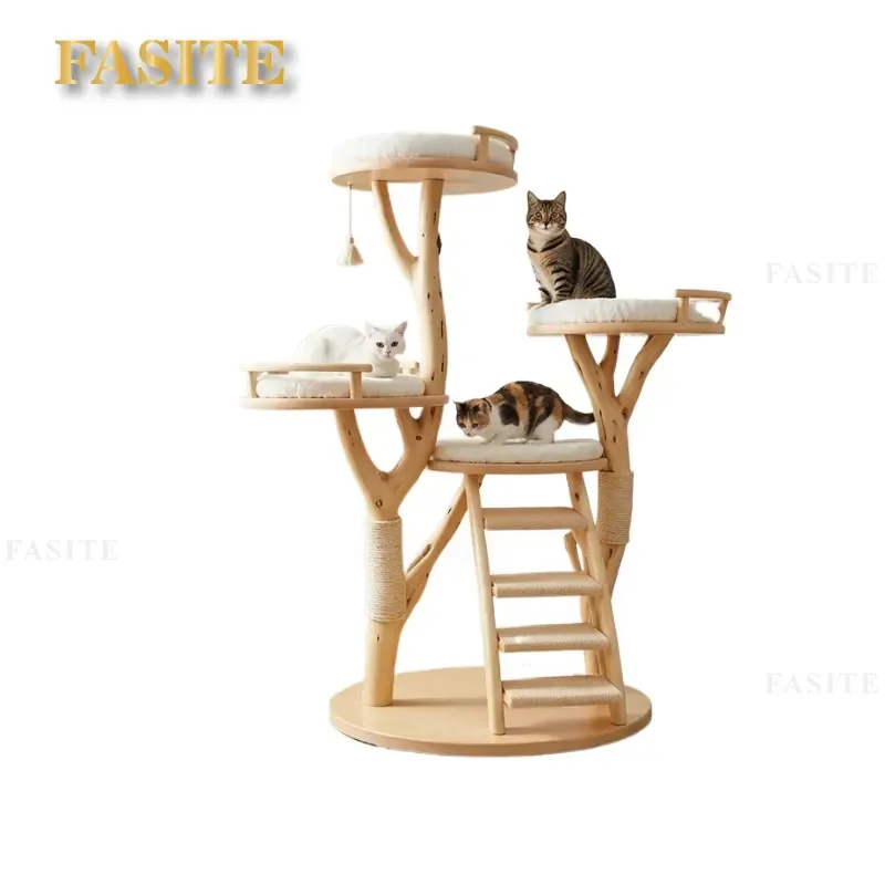 For Large Cats Solid Wood Tree Shaped Cat Climbing Frame Sisal Scratching Post Multi Cat Shared Floor Standing Furniture