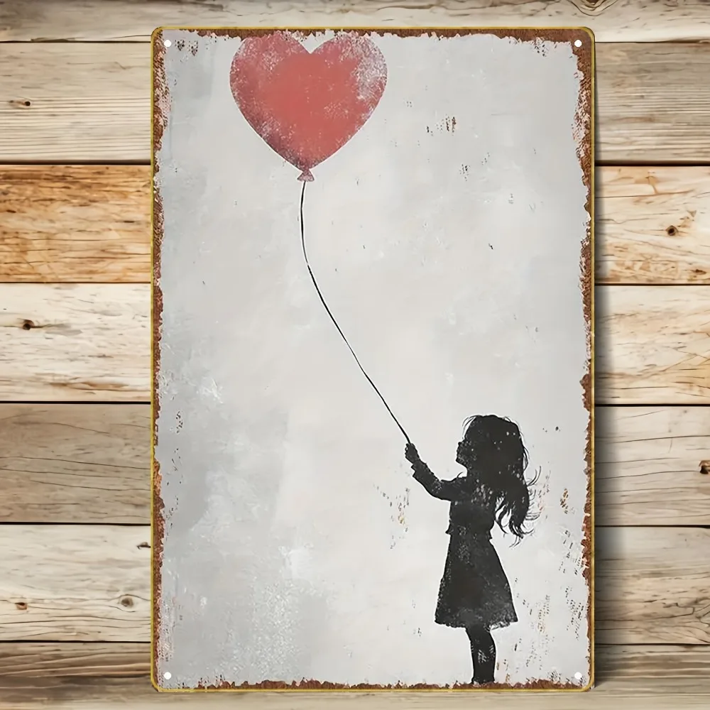 Vintage Girl & Heart Balloon Metal Sign | Romantic Iron Wall Art for Wedding, Home & Cafe | Neutral Decor
