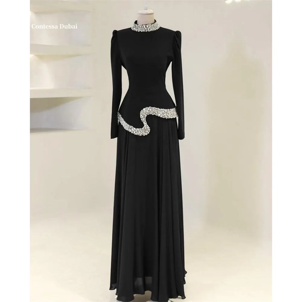 

Contessa Dubai High Neck Geometric shape Rhinestones Prom DressLong Sleeve Zipفساتين سهرات Long Train Srobes de soiré