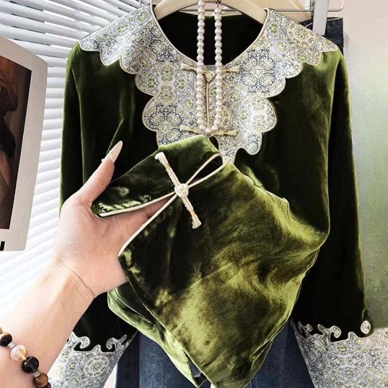 2026 Spring Fall Women Lace Patchwork Chinese Style Vintage Green Velvet Top Shirt , Woman Clothing Casual Velour Tops T Shirts