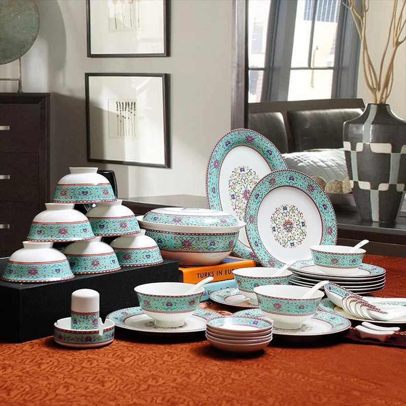 Jingdezhen 56-head enamel-colored ceramic tableware set, dishes, spoons, household business gift porcelain