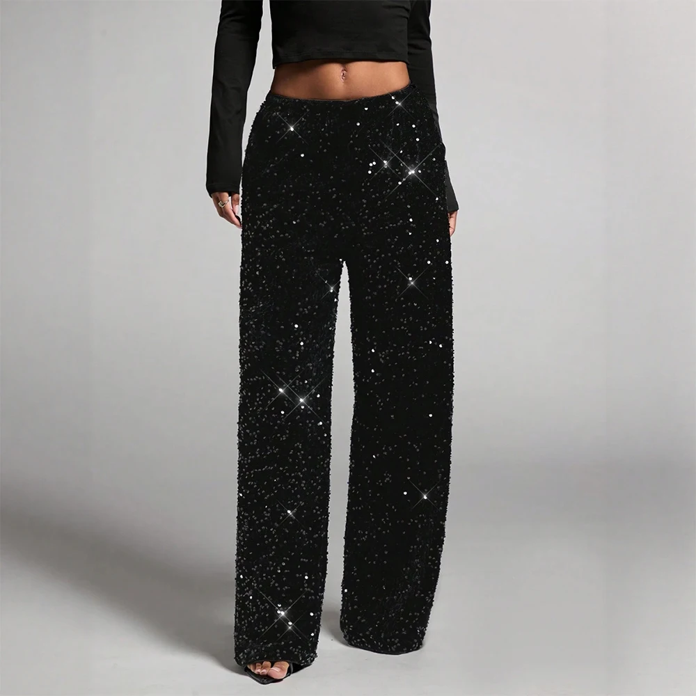 

Осенние брюки 2025: Модные женские брюки с пайетками, полной длины, с высокой талией, широкими штанинами, для вечеринок