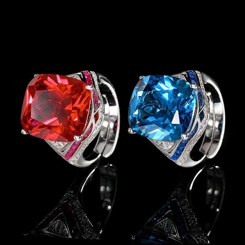 Luxury Cushion Cut Blue Gemstone Adjustable Ring for Women Square Sapphire Color Zirconia Wedding Party Fine Jewelry Gift