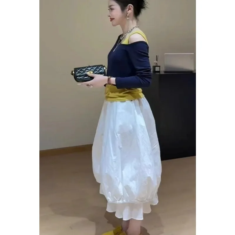 Temperament Versatile Simple Casual Fluffy Bud Medium Long Women's 2025 Spring New Loose Splicing Fashion Chic Skirt