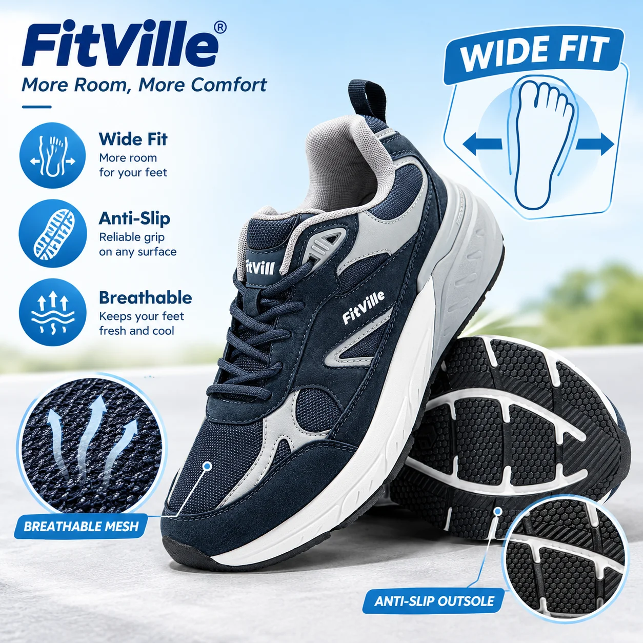 FitVille Newest Walking Shoes for Men Wide Width Sneakers with Arch Support for Flat Feet Heel Pain Relief Plantar Fasciitis