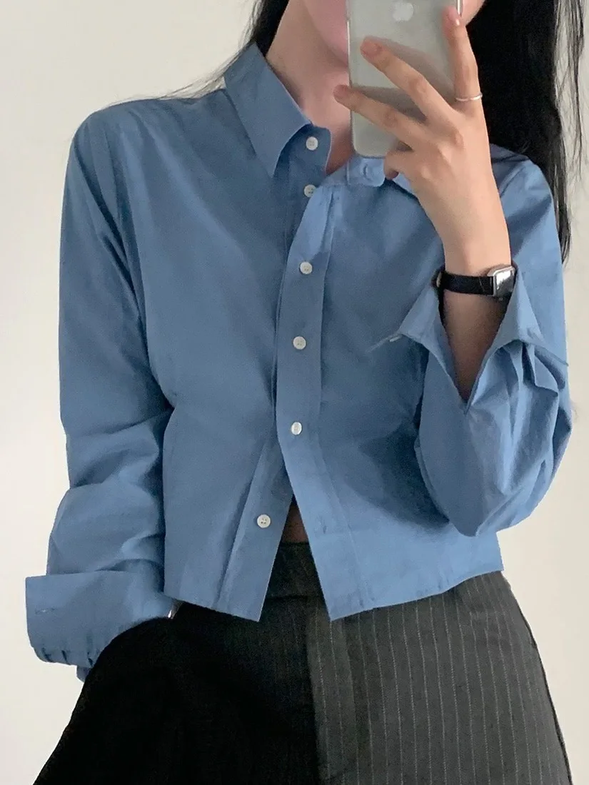 

Slim Fit Pure Color Shirt with Pleats Long Sleeve Short Style Women's Fashion Top Elegant Versatile Small Shirt for Autumn