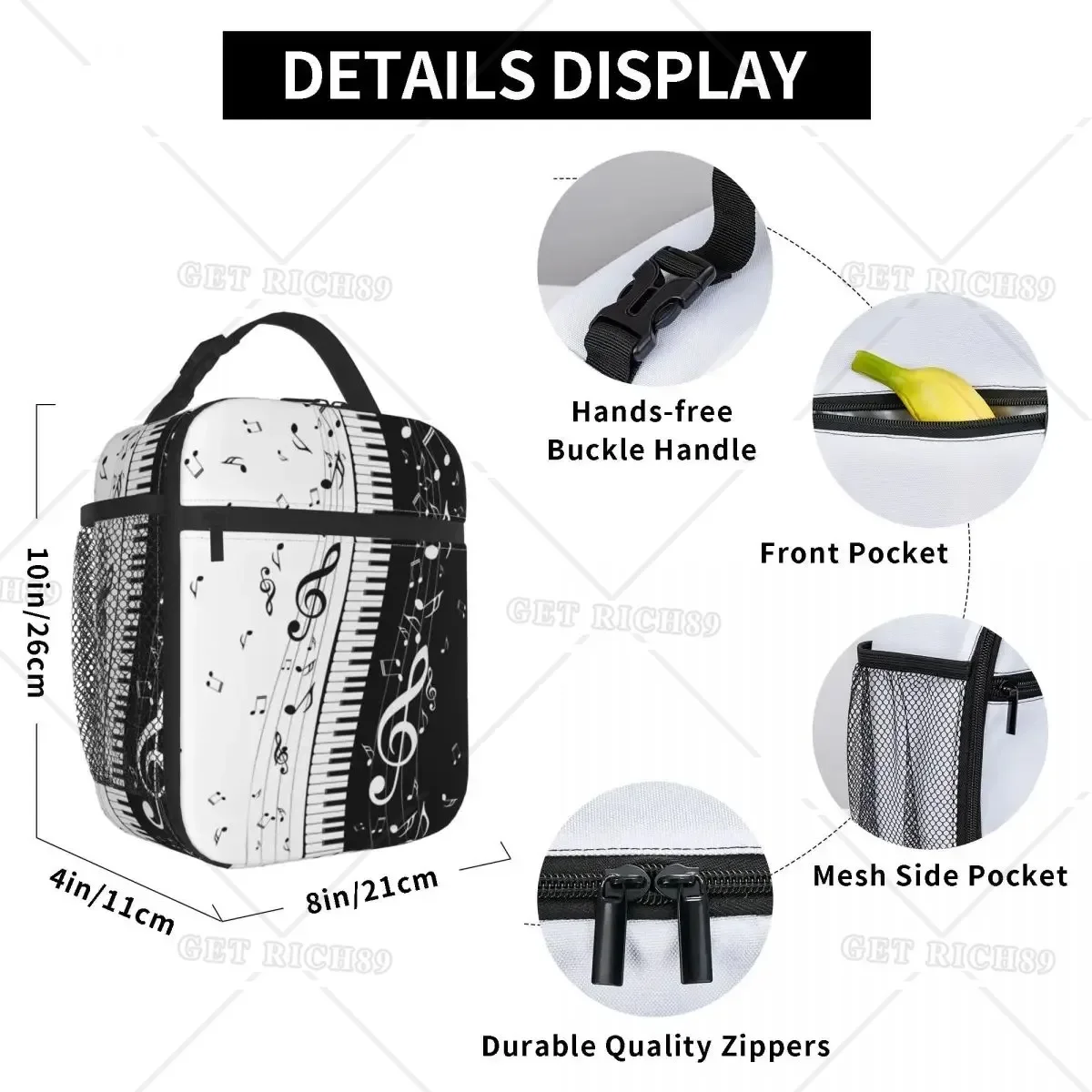 Aesthetic Piano Keys Musician Pianist Accessories Insulated Lunch Bag for Men Women Musical Notes Pianos Lunch Box for Work