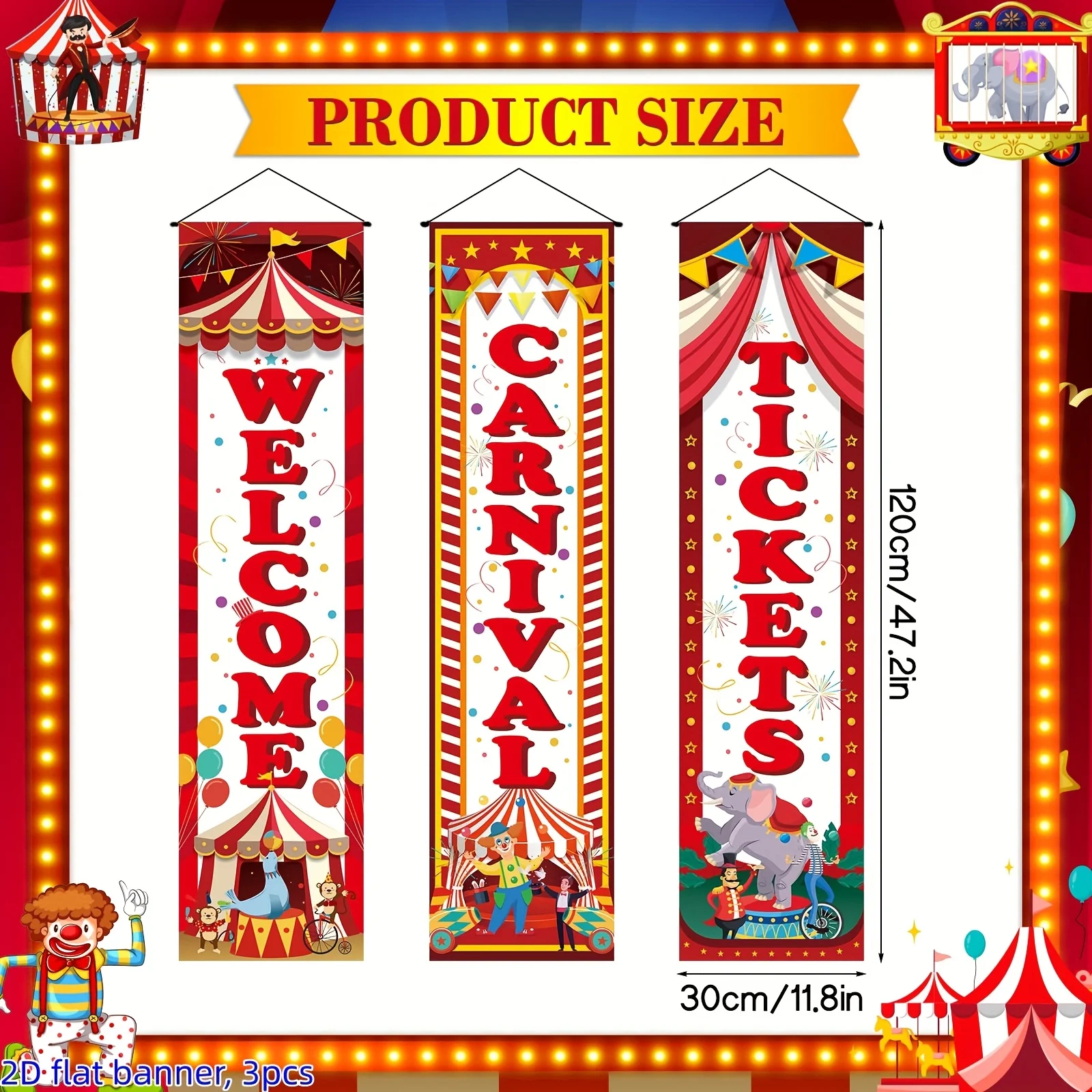 2D Flat Banner Set, 3 Carnival Circus Tent Designs, Carnival Ticket Backdrop for Party Decor