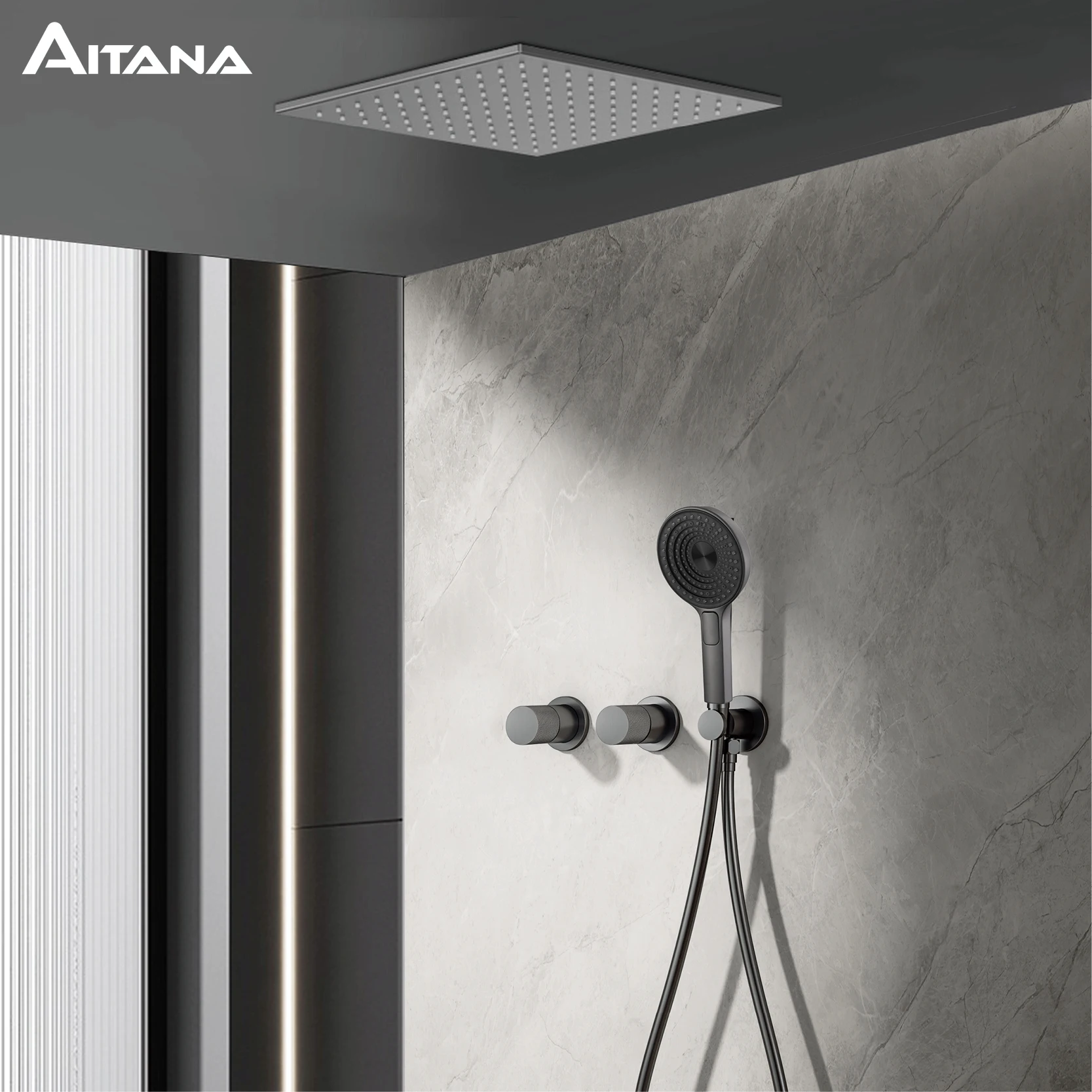Minimalist Bathroom Ceiling Mount Shower Set System with Rain Shower Head Embedded Hot And Cold Water Dual Function Mixer Tap