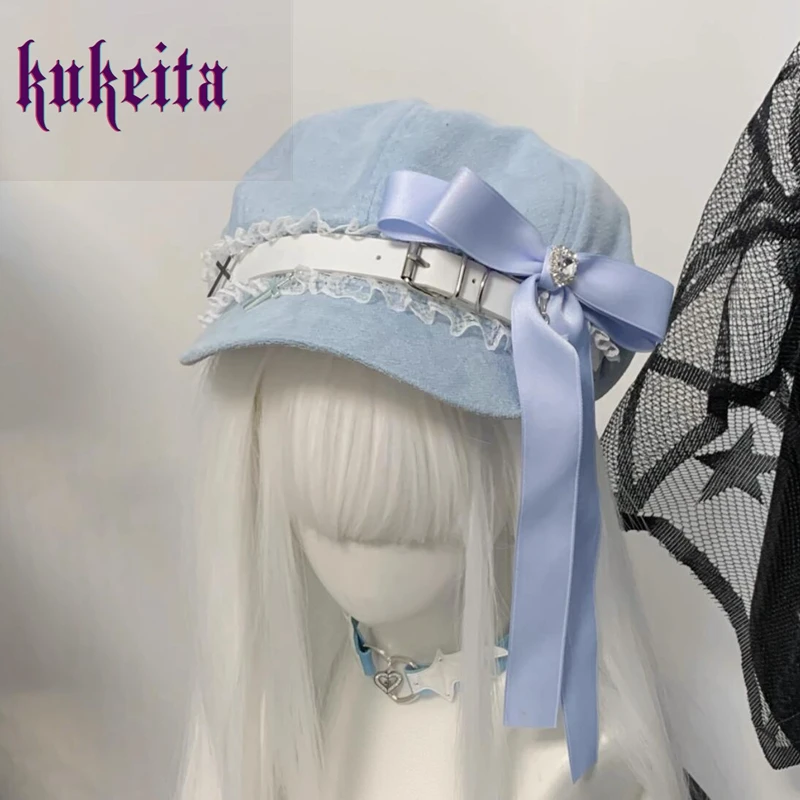 Kukeita Harajuku Gothic Lolita Beret Hat Y2k Girls Punk Black Cross Lace Diamond Bow Grunge Chic Streetwear Accessories Caps