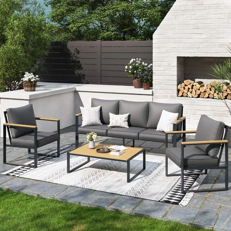

Modern 4-Piece Outdoor Patio Furniture Set, Iron Sofa with Grey Cushions, Faux Wood Grain Frame, Coffee Table for Garden,