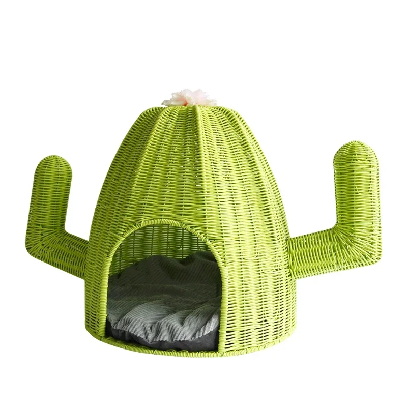 Novelty Plastic rattan Resin Wicker Woven Cactus item pet  basket house cat bed