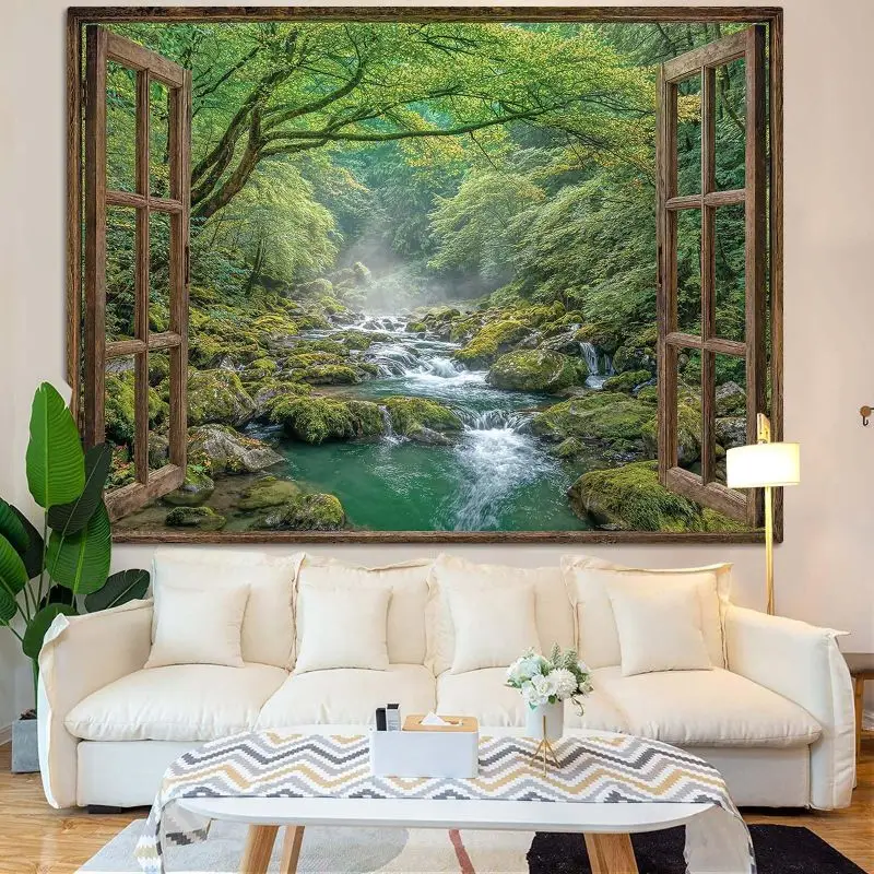 3D False Window Forest Castle Tapestry, Fantasy Landscape Wall Hanging, Scenic Wall Decor for Bedroom Living Room Home