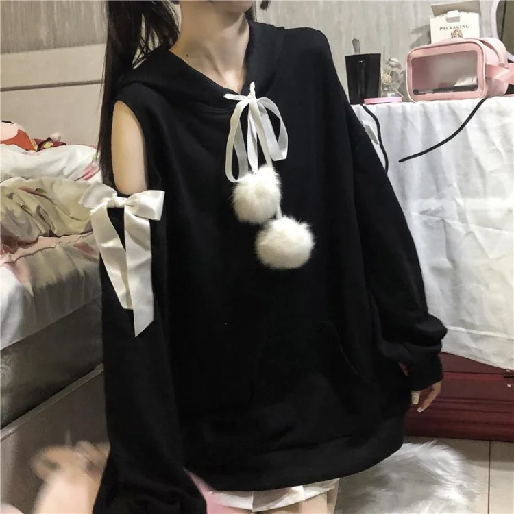 Japanese Kawaii Bow Hoodie Sweatshirt Spring E-Girl Off Shoulder Long Sleeve Sweatshirts Y2k Grunge Mid-length Tops Women