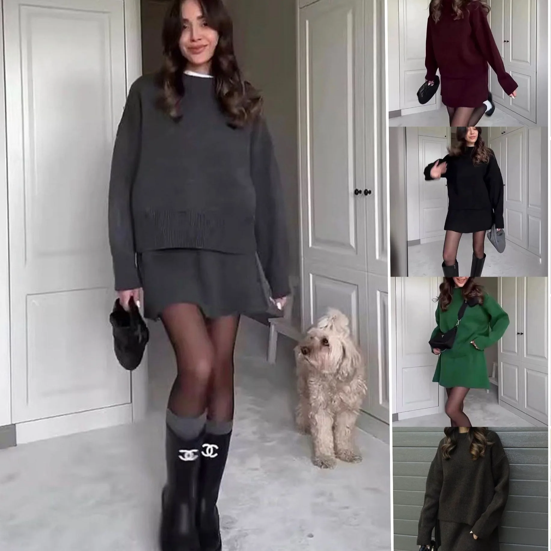 2025 Autumn New Solid Color Casual Versatile College Style Knitted Sweater Short Skirt Suit Women's Europe and America