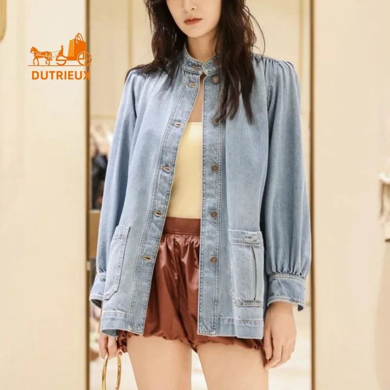 

Autumn Winter Stand-up Collar Lantern Sleeve Retro Soft Denim Jacket,100% Cotton Casual Simple and Fashionable Denim Coat Women