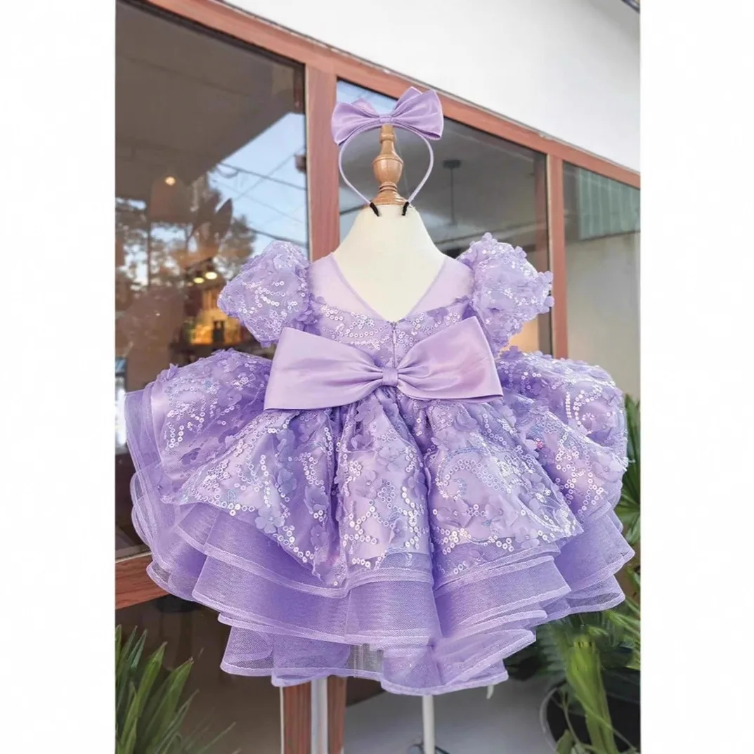 

Custom Luxury 3D Floral Flower Girl Dress Puff Sleeve Tulle Wedding Pageant Gown For Girls Birthday Party Special Occasion