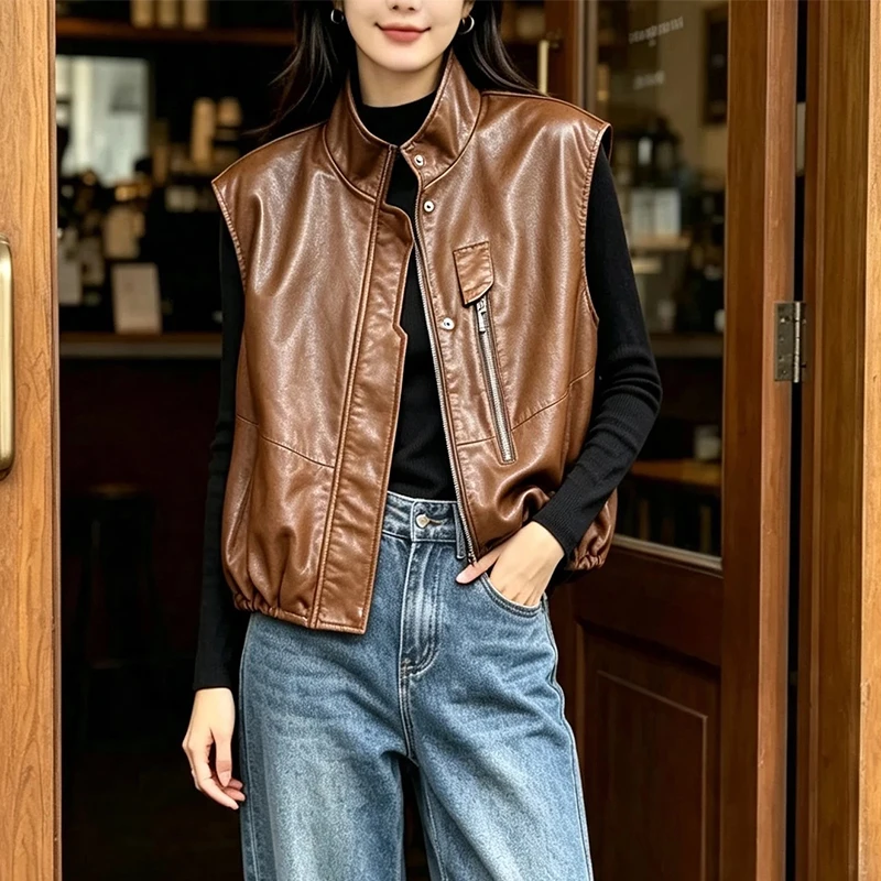 Women Autumn Casual Genuine Leather Loose Vest Jacket Lady's Black Real Leather Sleeveless Oversize Waistcoat Overcoat