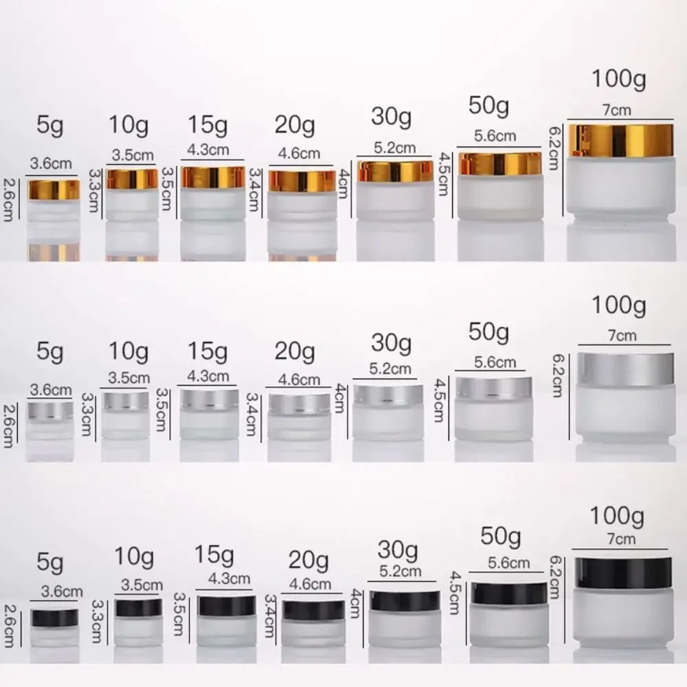 Tarro de crema de vidrio esmerilado de 5-50g, botellas vacías de crema facial plateadas/doradas/negras/blancas, macetas de muestra, tarro de maquillaje para sombra de ojos