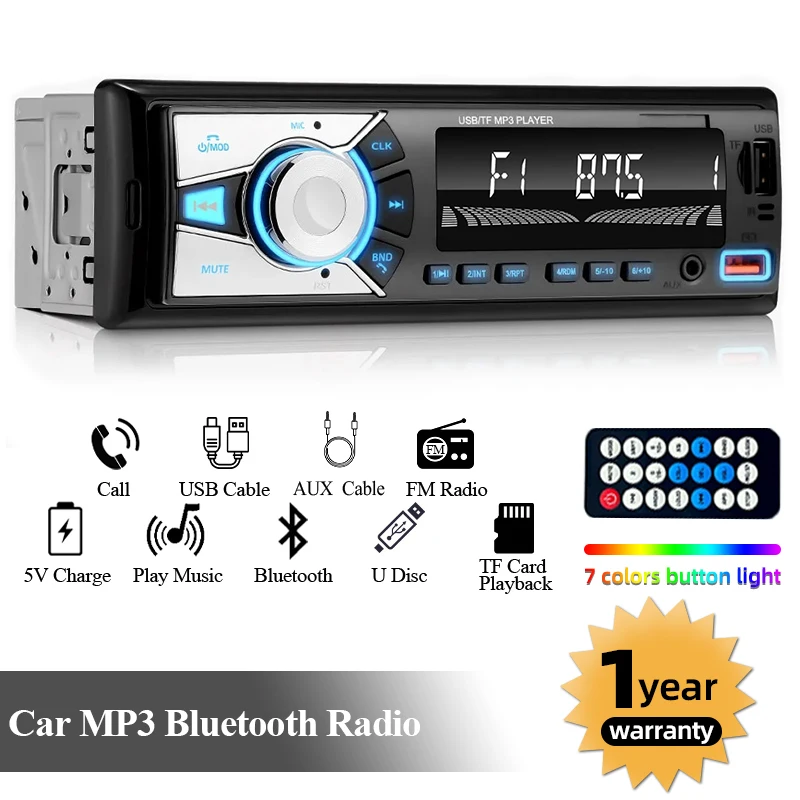 Hippcron Car Radio Audio 1 Din Bluetooth Stereo Hands-Free Calling MP3 Player FM Receiver With AUX/USB/TF Card In Dash Kit