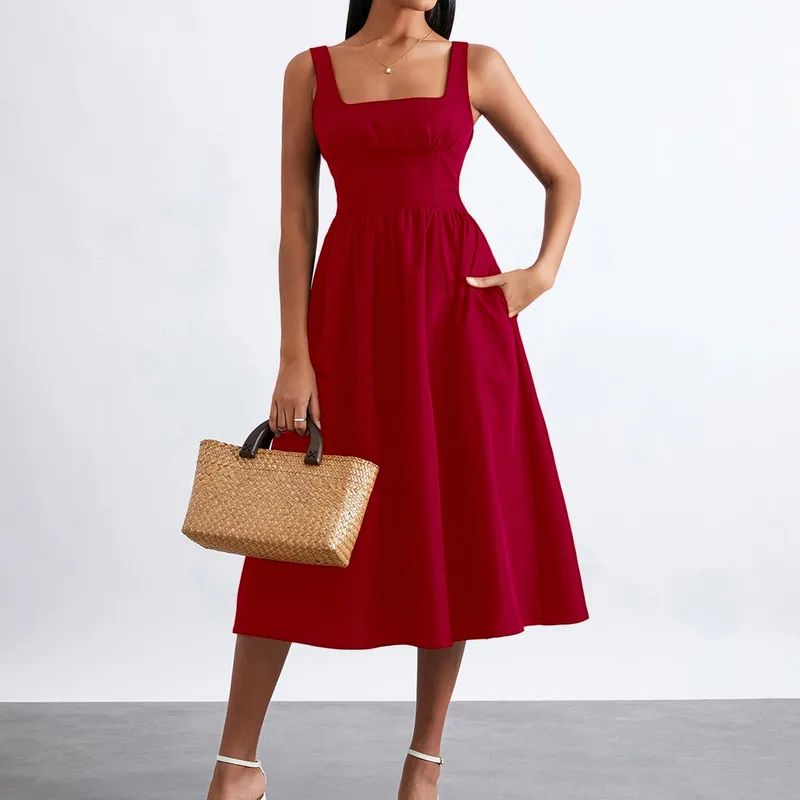 WPNAKS-فستان نسائي متوسط الطول بدون أكمام ، ملابس حفلات مسائية ، فستان أنيق أحادي اللون عالي الخصر ، ملابس الشارع عاري الظهر ، الصيف