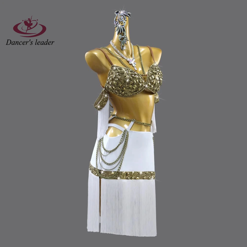 Latin Dance International Stage Women's High-end Custom Golden Bra White Tassel Samba Rhinestone Performance Costume Dress