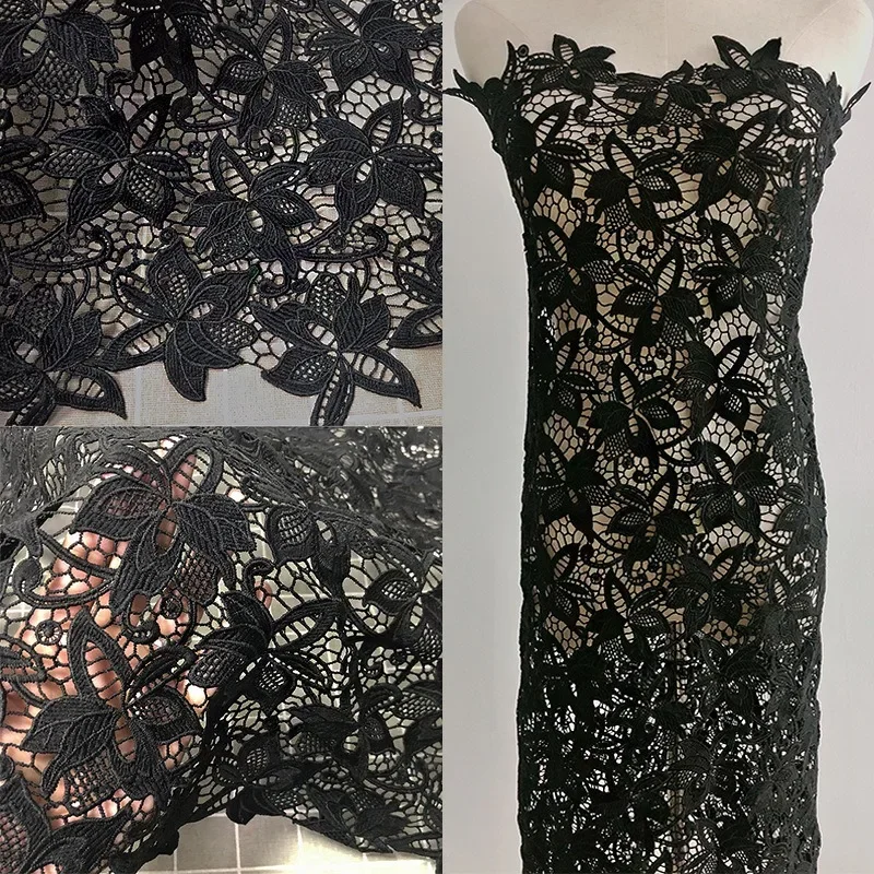 

Black Water Soluble Milk Silk Embroidered Lace Fabric for DIY Dress Sewing By The Yard