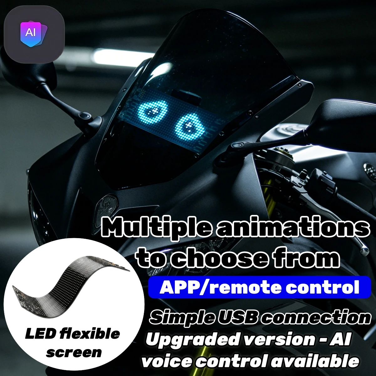 AI Voice Motorcycle Pixel Screen, Demon Eye Animations, APP/Remote Control, USB Bendable LED Light for Car Motorcycle