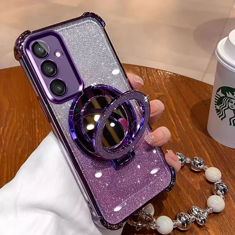 Luxury Plating Glitter Mirror Holder+Chain Phone Case For Samsung S26 S25 S24 S23 S22 S21 Plus FE Ultra Edge Shockproof Cover