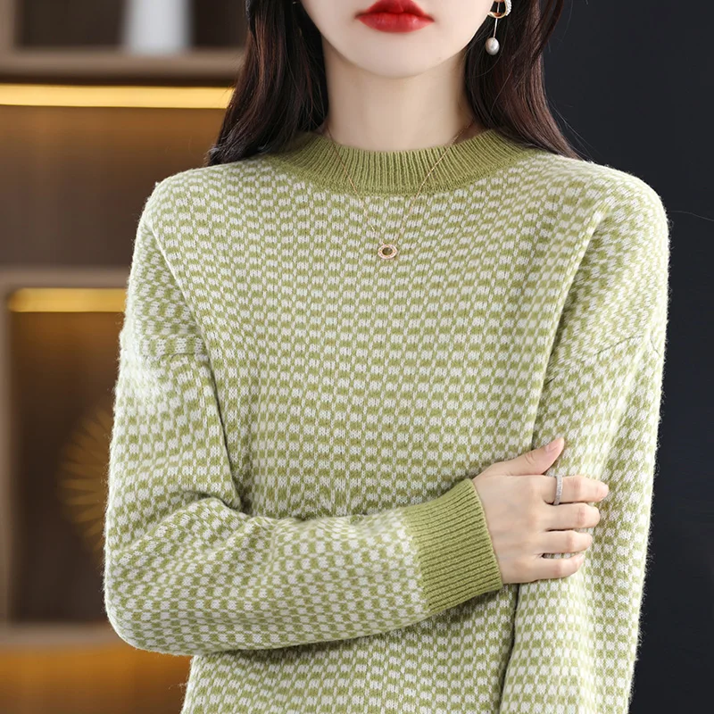 Two tone jacquard round neck solid color new top women's pullover high-end loose autumn and winter Blouse