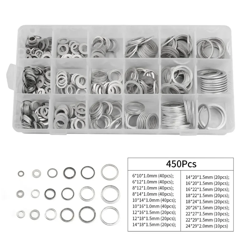 

450 pieces automobile engine oil drain plug aluminum gasket sealing ring O-shaped nut bolt retaining ring kit