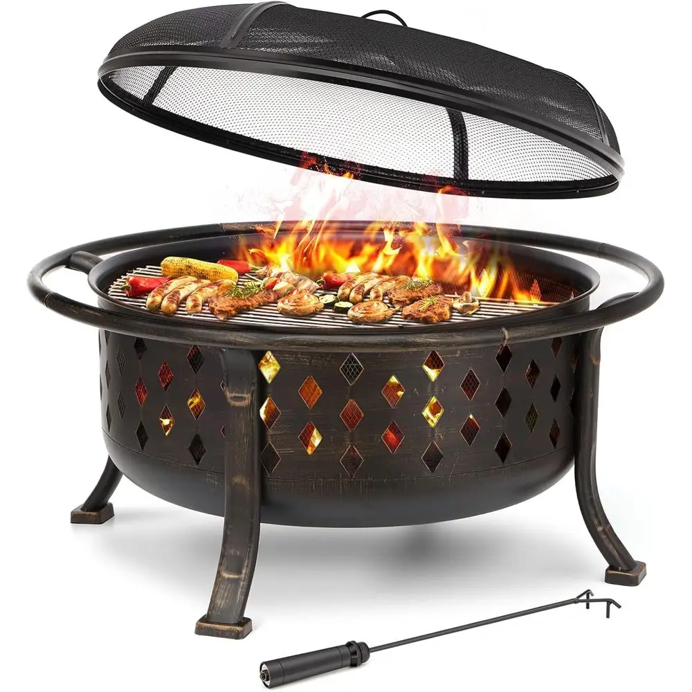 36 Inch Large Outdoor Wood Burning Fire Pit Heavy Duty Steel Bronze Bonfire Pit Patio Backyard Garden BBQ Grate, Spark Sn, Log G