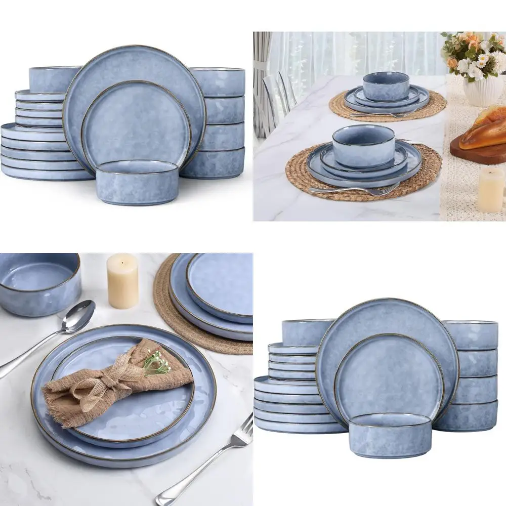 

6-Piece Stoneware Dinnerware Set: Blue Serenity Plates & Bowls for Dessert, Salad, Pasta, Microwave & Dishwasher Safe