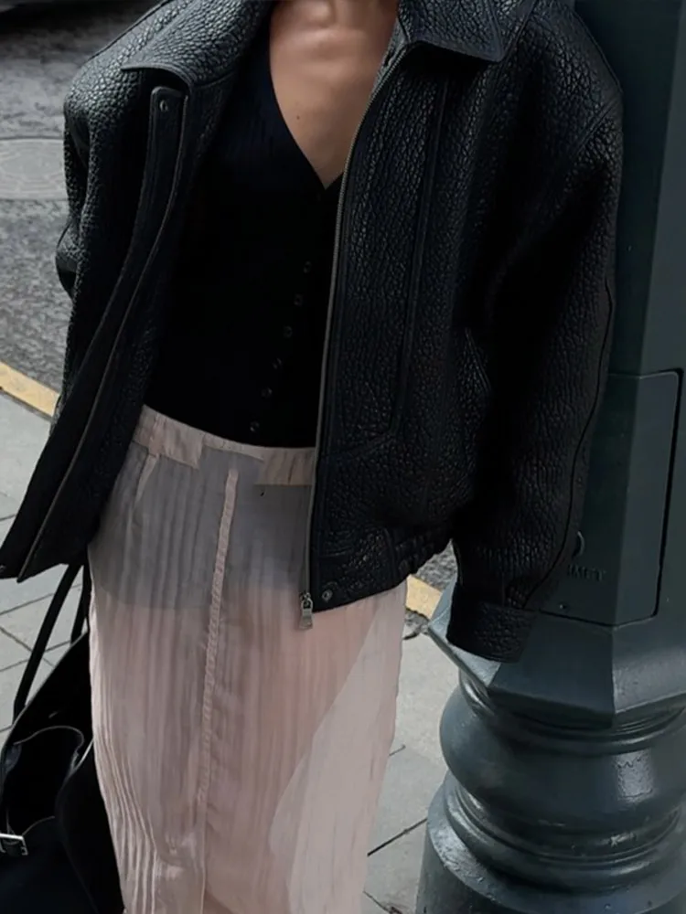 Abrigo corto de cuero a la moda para mujer, abrigos de manga larga con solapa nueva y cremallera, prendas de vestir exteriores elegantes para ir al trabajo diario, otoño 2025