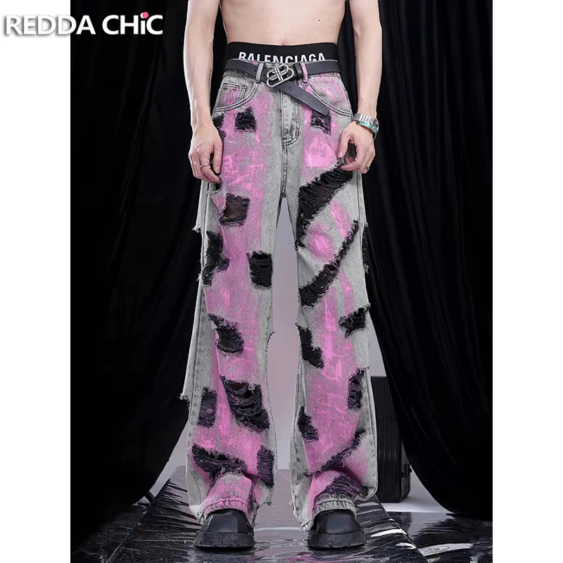 

REDDACHIC Graffiti Ripped Hole Men Straight Denim Pants Vintage Wash Do Old Wide Low Waist Baggy Jeans Aesthetic Y2k Streetwear
